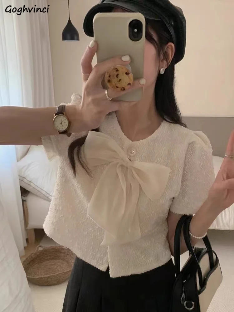 

Женская летняя блузка с бантом, однобортная, с круглым вырезом, во французском стиле, объемная, шикарная, классическая, с характером, трендовая