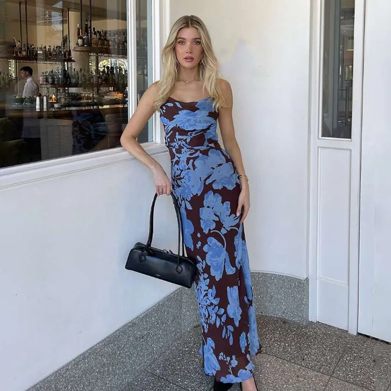

2025 spring and summer new women's clothing French retro printing temperament sexy V-neck backless slim dress