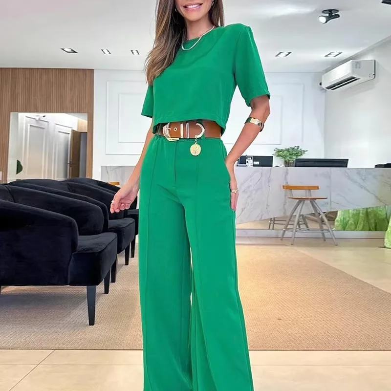 Summer New Sets For Women Fashion Solid Color Casual Wide-leg Pants Short Sleeves Blouses Suits Elegant Commuting Office Outfits