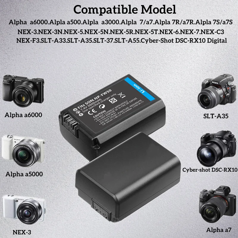 Zestaw akumulatorów do aparatu NP-FW50 o pojemności 6800 mAh kompatybilny z Sony AlphaA6000, A6500, A6300, A6400, A7, A7II, A7RII, A7SII, A7S, A7S2,