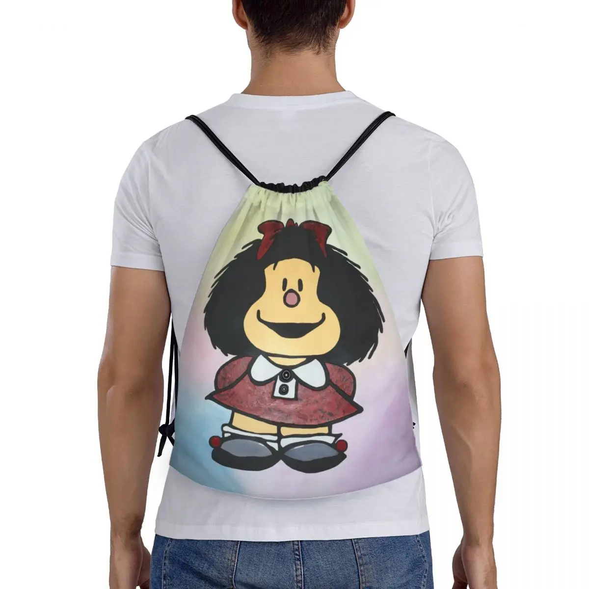 Mafalda-mochila con cordón dibujado a mano para hombre y mujer, saco de entrenamiento de cómic de Manga Quino, plegable, para gimnasio