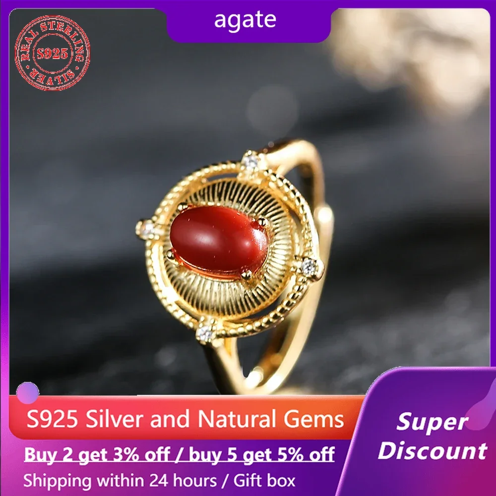 

Palace style S925 pure silver plated 18k gold ring set with natural gemstone red agate women's ring wedding accessories gift