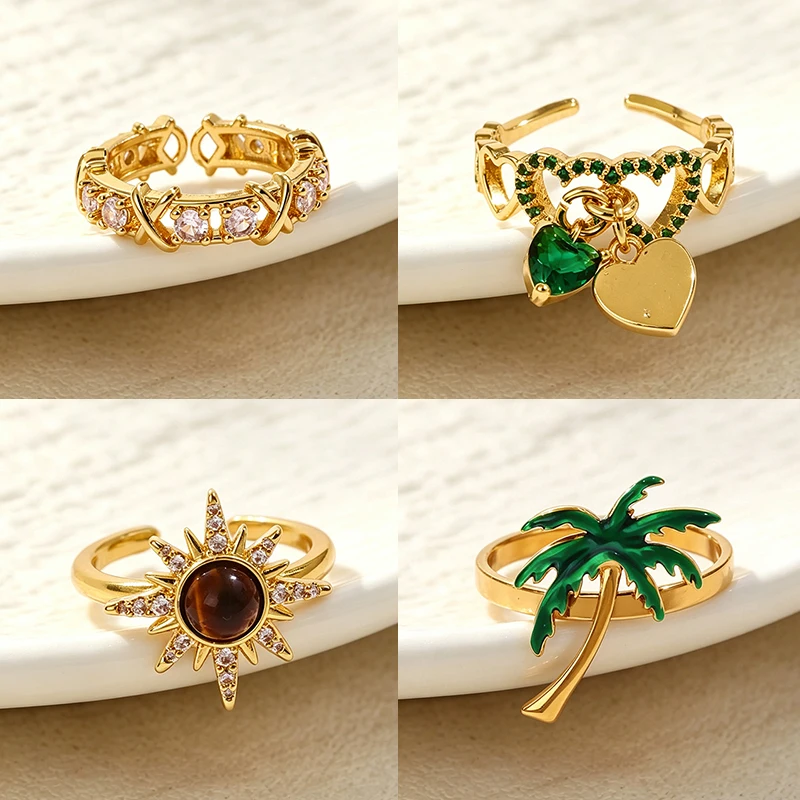 Image of Amber Stone Sonnen-Stern-Ringe für Damen, Edelstahl-Palmenring, Modeschmuck, Geschenke für alle Anlässe