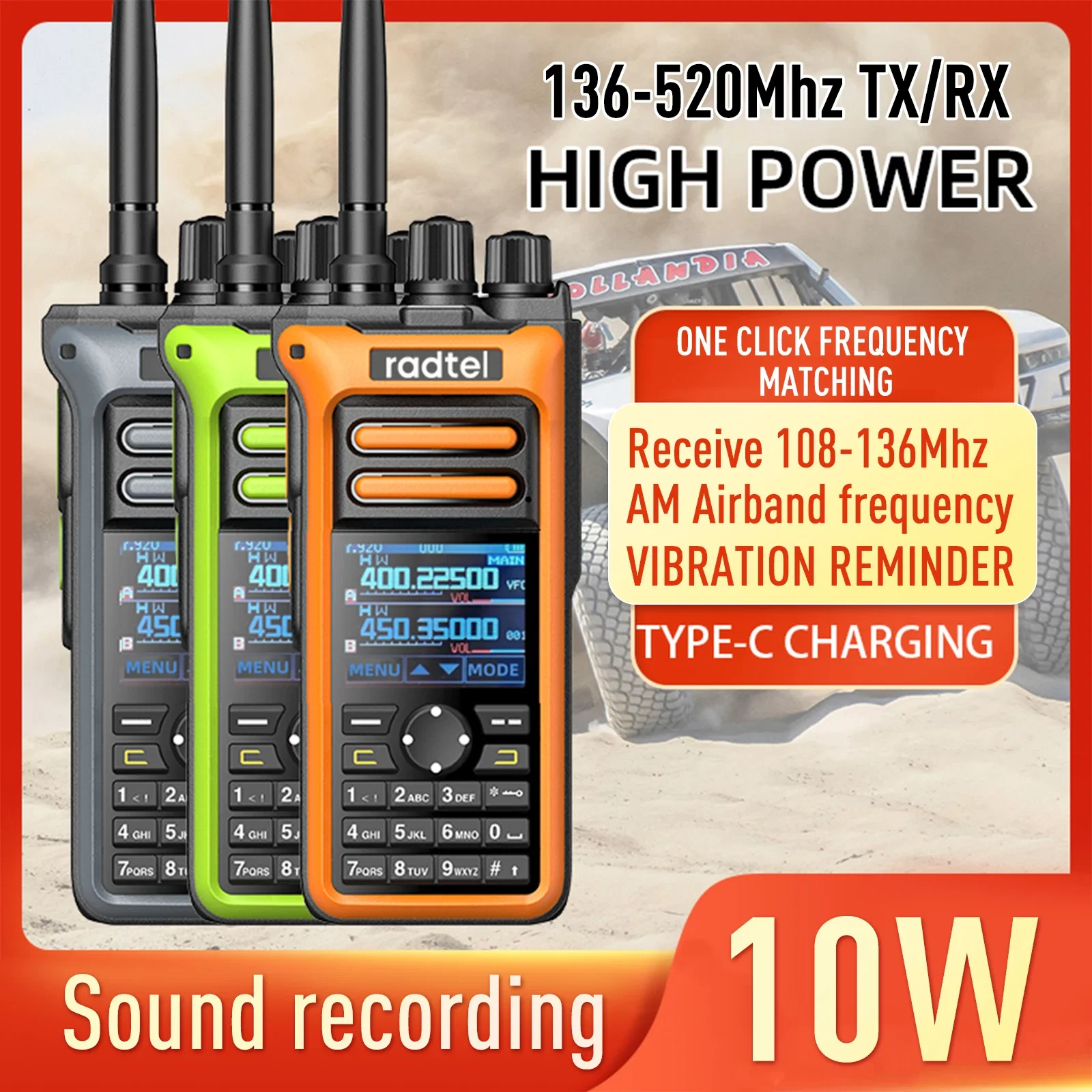 Radtel RT-752 10 Вт Air Band Walkie Talkie Полнодиапазонная любительская любительская ветчина 199CH HT USB-C Батарея NOAA FM AM Запись Вибрация