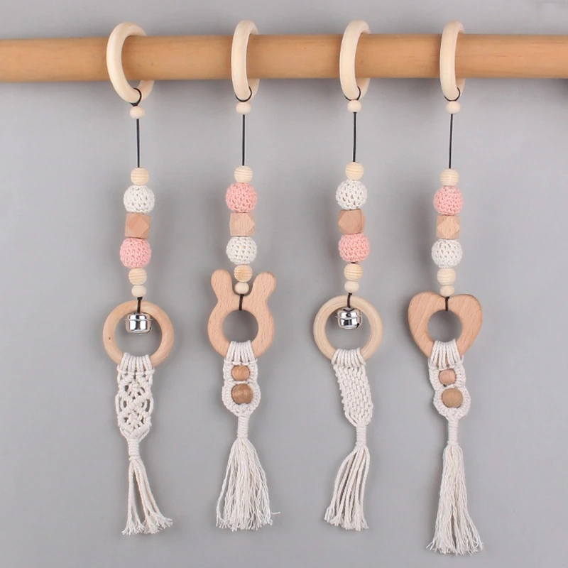 4-Pack Wooden tassel Baby Gym Toy Wood Ring Nursing Rattle Toys small bell Play Gym Activity Hanging Pendants Toys Shower Gift