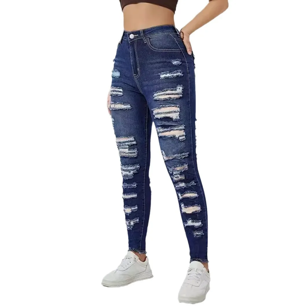 Large Size Denim Rough Edge Ripped Pants Fat MM Elastic Pencil Pants High Waisted Jeans Ripped Jeans for Women