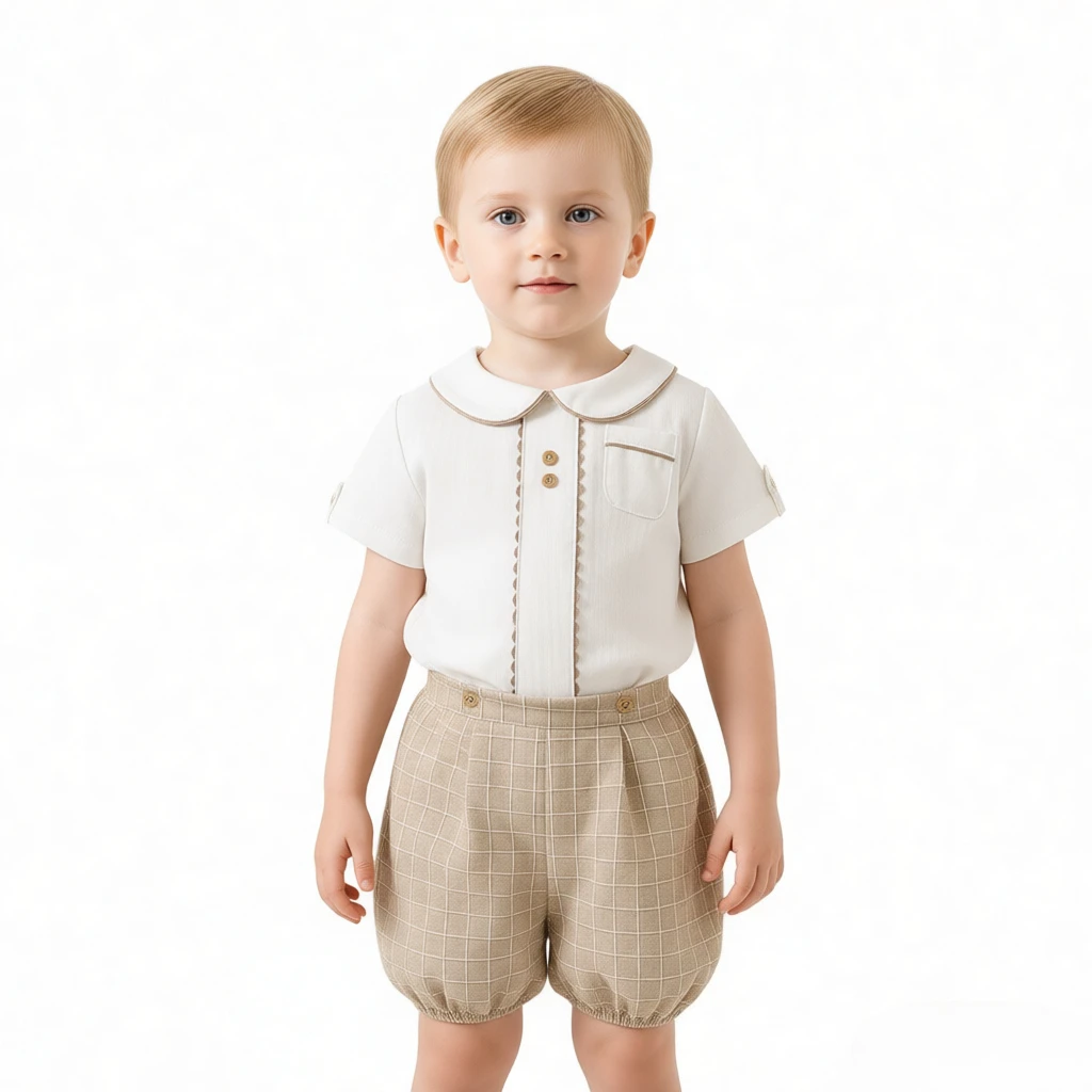 

Spanish Style Boys 2 Piece Outfit Shirt Plaid Shorts Set Toddler Kids Gentleman Wedding Baptism Party Cotton Boutique Clothing