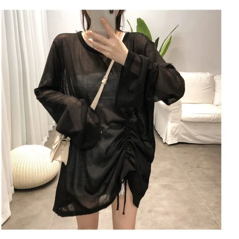 2024 Spring New Ice Shreds Knitting Women Summer Loose Round Neck Drawstring Long Sleeved Thin Style Solid Color Casual Tops