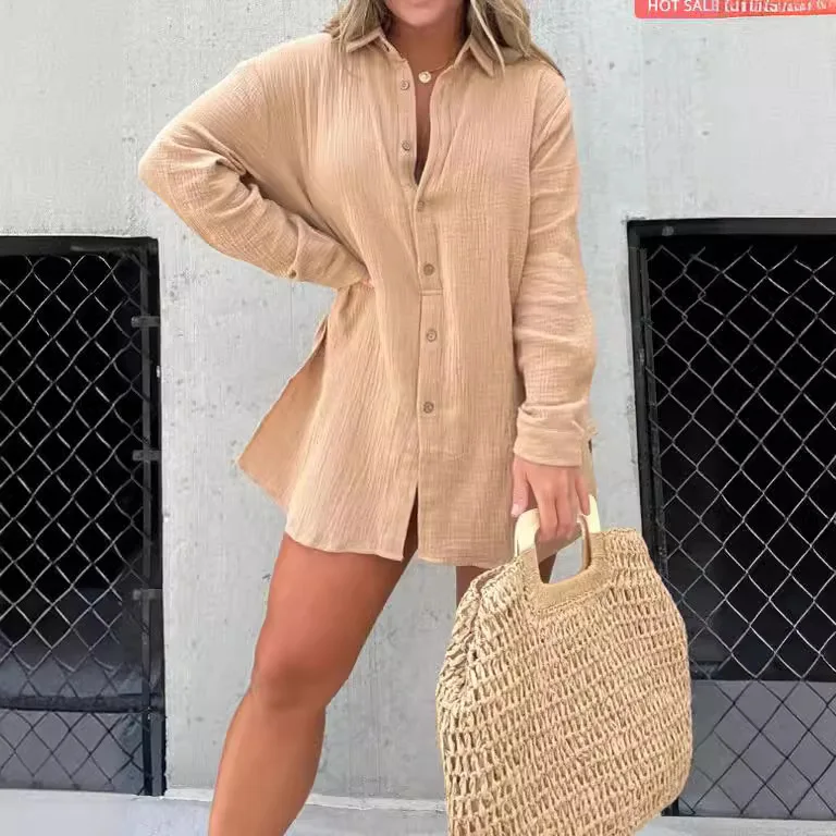 Women's Wrinkled Fabric Long Sleeved Shirt High Waisted Shorts Fashionable and Casual Two-piece Set New Style