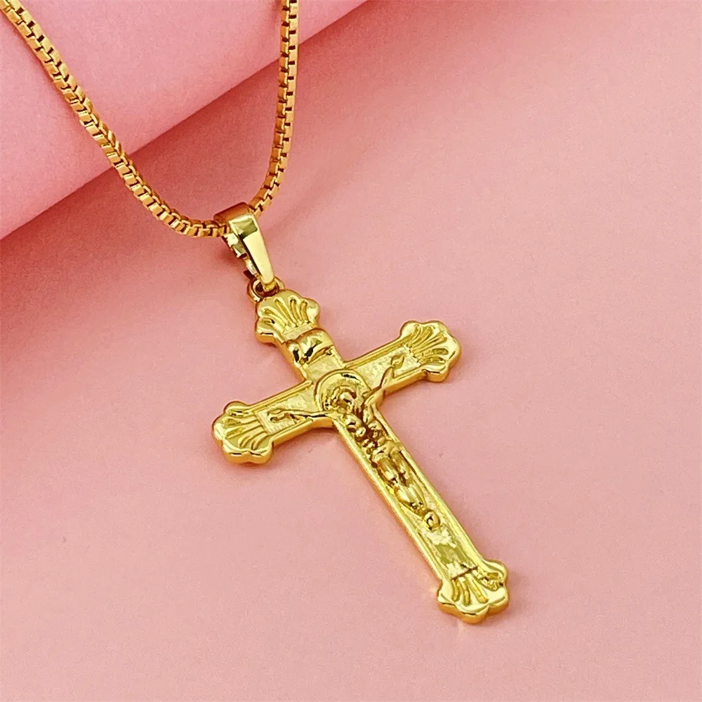 

Luxury 24K 9999 Pure Gold real gold Women's Cross Pendant Box Chain Necklace