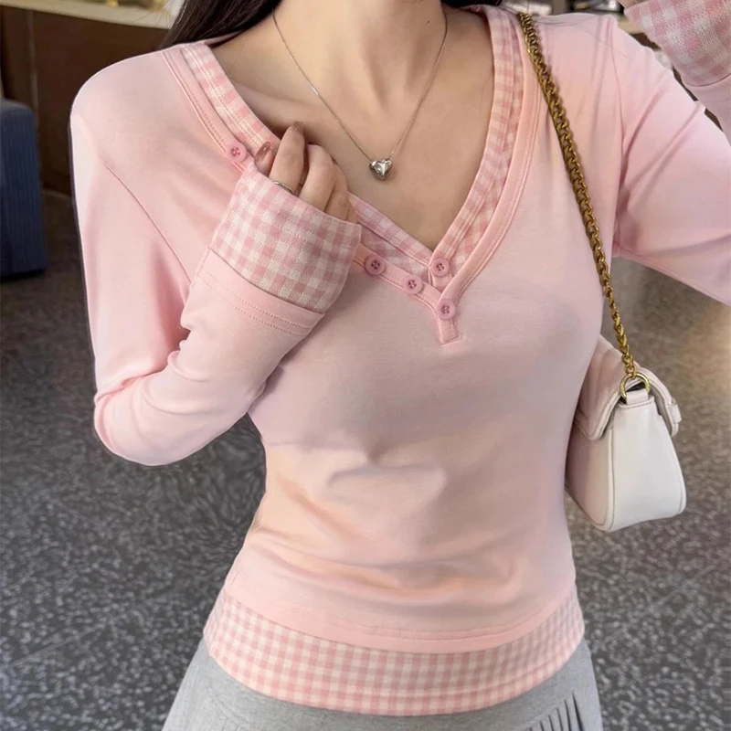 Pink V Neck Patchwork Long Sleeve T-Shirts Women Spring New Slim Plaid Stitch Tees Korean Design Casual Underwear Pullover
