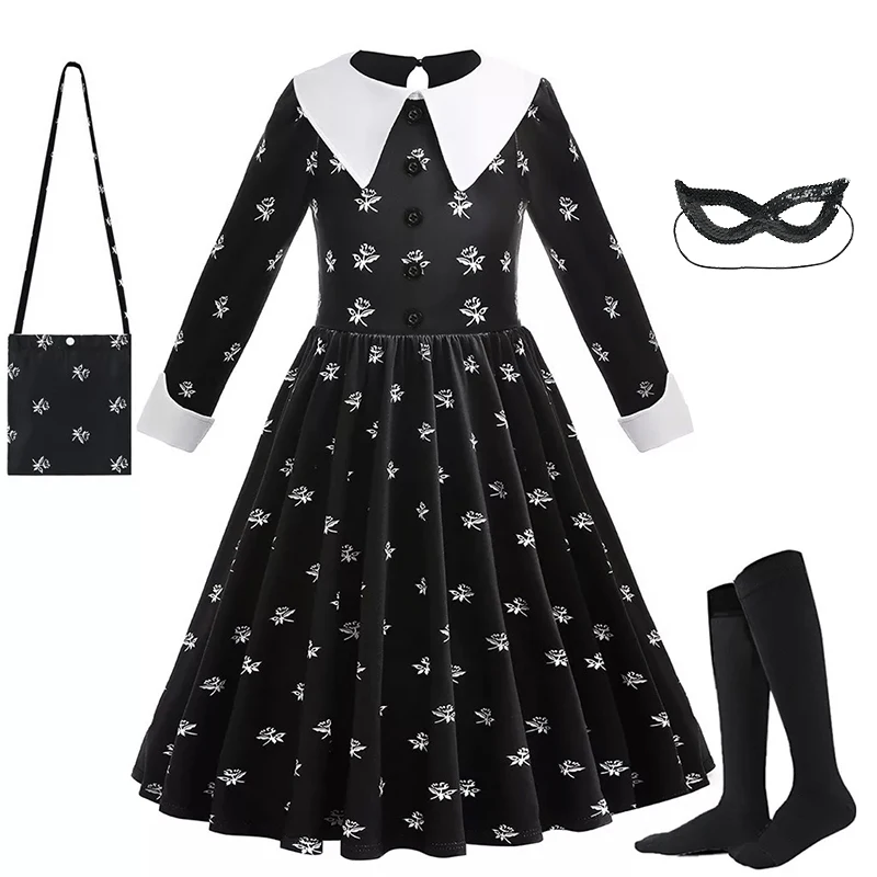 Kid Black Halloween Costume Dress For Girl Cosplay Princess Carnival Outfit With Wig Bag Earrings Socks Girls Role Play Costume