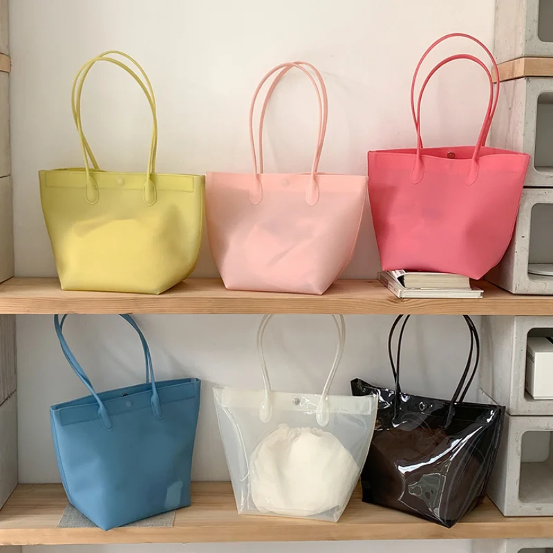 Macaron-colored Jelly Tote Bag Summer New Pvc Transparent Frosted Shoulder Bag Magnetic Snap Closure Handbag With Inner Bag