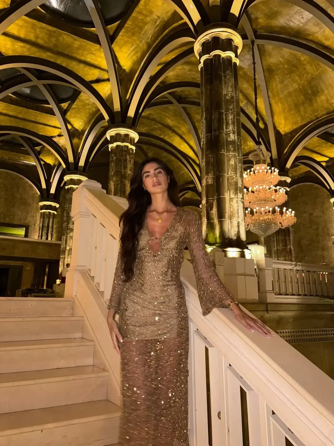 Vestido Midi calado con lentejuelas para mujer, vestido Sexy elegante de manga larga con escote en V profundo, vestidos ajustados transparentes, vestidos de fiesta de noche para mujer 2026