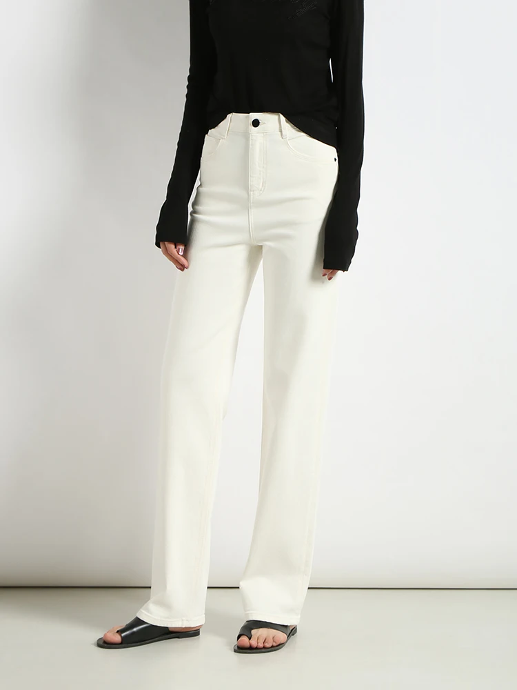 

Прямые джинсы с высокой талией, женские весенние утягивающие драпированные хлопковые эластичные джинсы, четырехсторонние эластичные однотонные джинсы