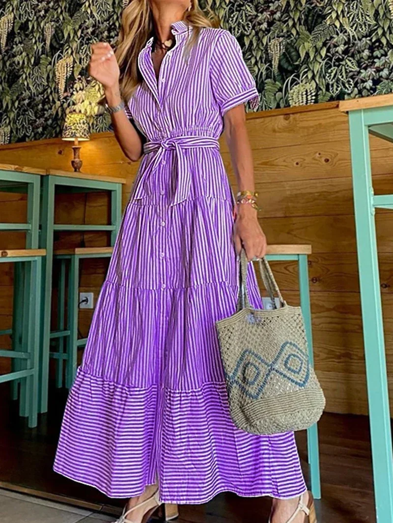 Streetwear Striped Print Shirt Dress Summer Clothing Women Short Sleeve Button Up Maxi Long Dresses Casual Smock Dress Vestidos