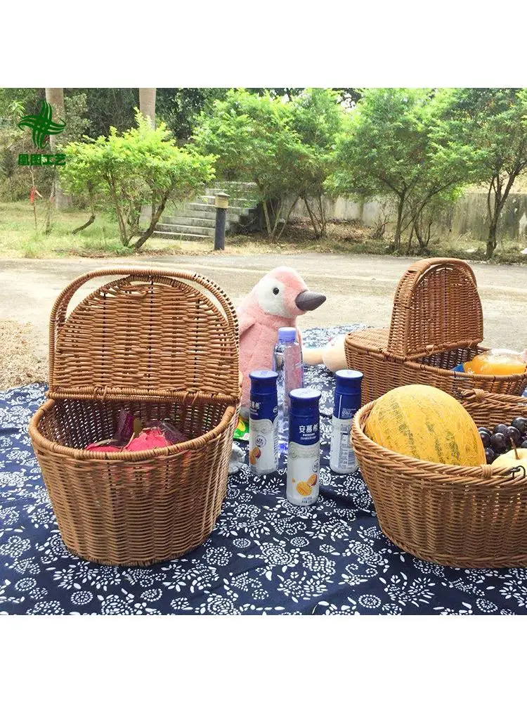 屋外用ハンドヘルド籐バスケット-ピクニックバスケット-鉄製バスケット-織りバスケット-果物と野菜のバスケット-防塵収納バスケット-折りたたみ式