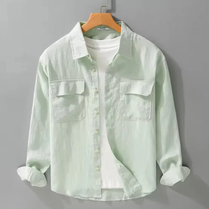 

2026, весенне-осенняя новая рубашка из 100% льна с несколькими карманами и длинными рукавами, однотонные топы с отложным воротником
