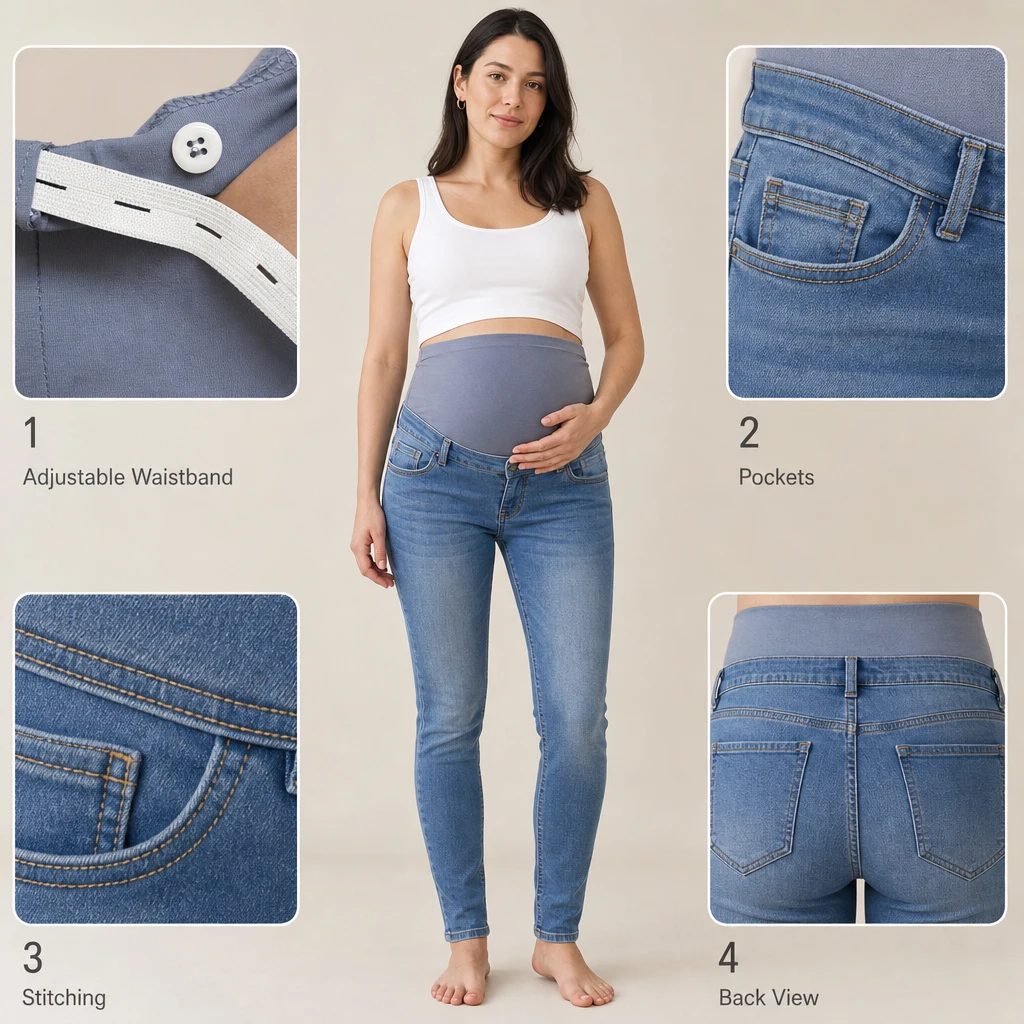 Maternity Skinny Jeans with Adjustable Button Elastic Waistband Stretch Denim Slim Fit Casual Trousers Classic Pocket