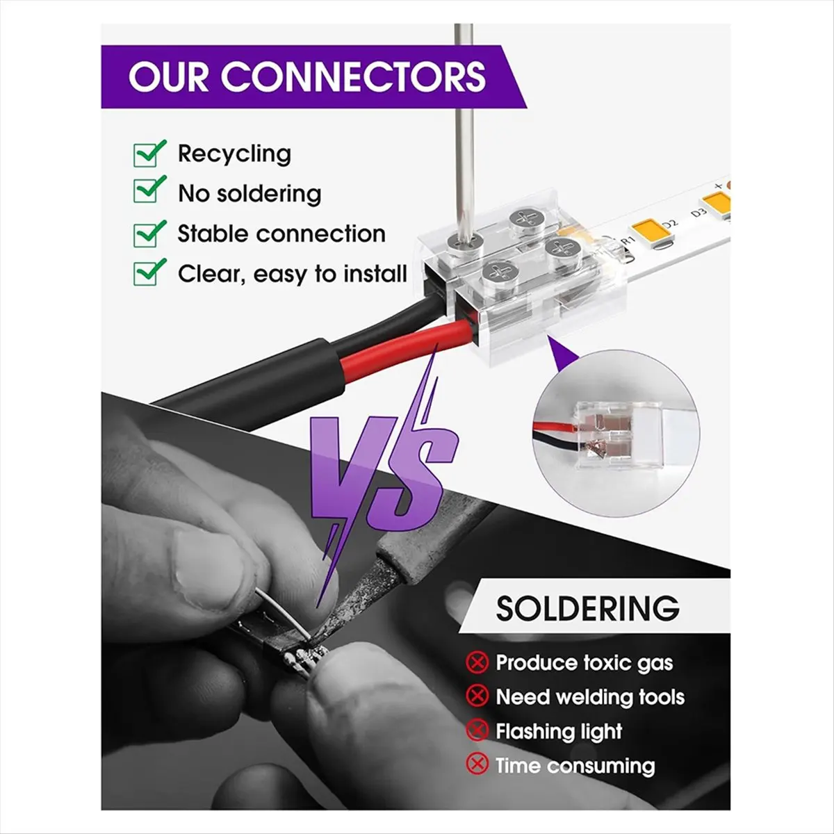 Reliable- 12 Pack LED Connector 2 Pin 8mm Solderless LED Tape Lights Connector Transparent LED Strip Lights Connectors