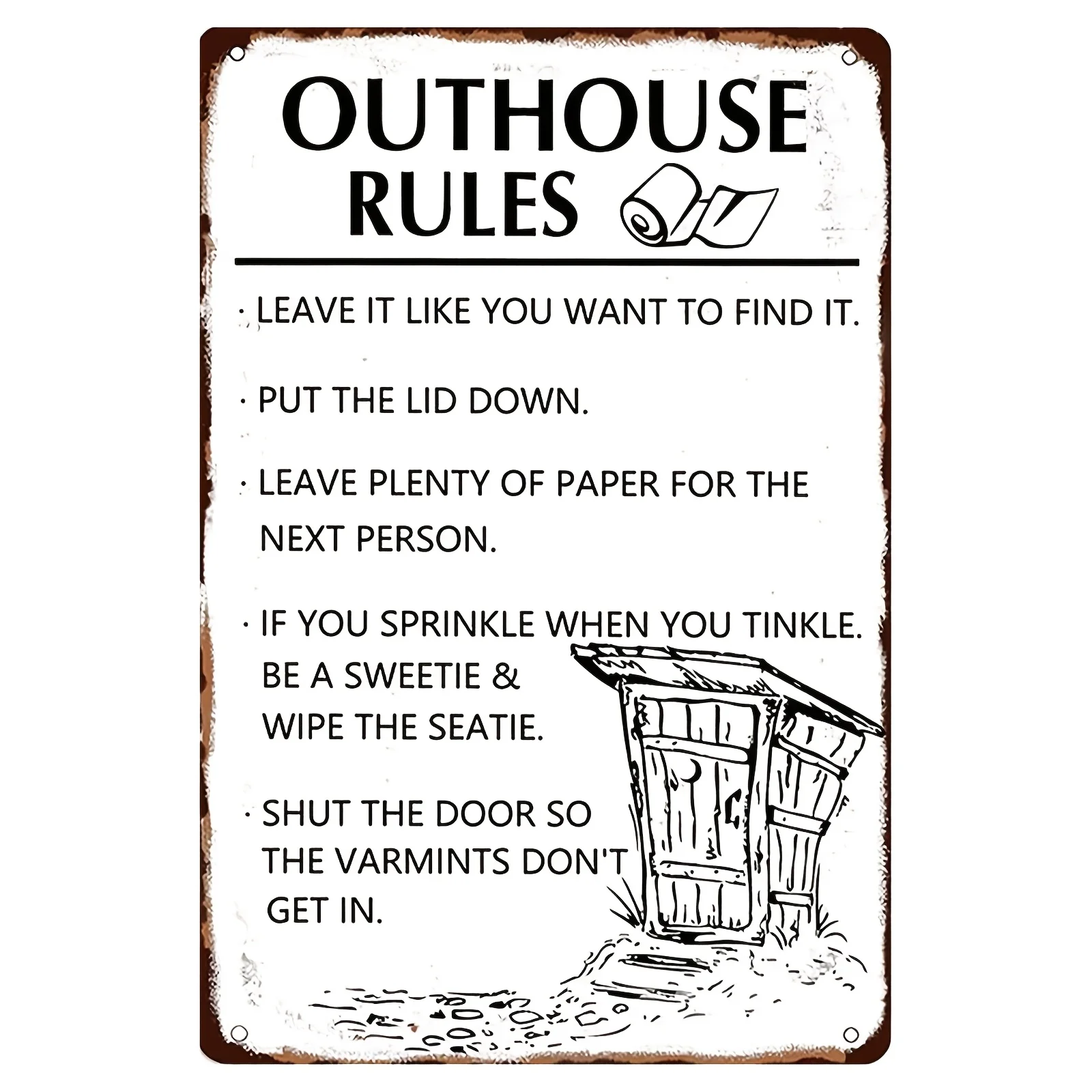 , Rustic Outhouse Rules Metal Tin Sign,  Vintage Bathroom Decor, Eclectic Wall Hanging for Home, Bar, Garage, Multipurpose Use,