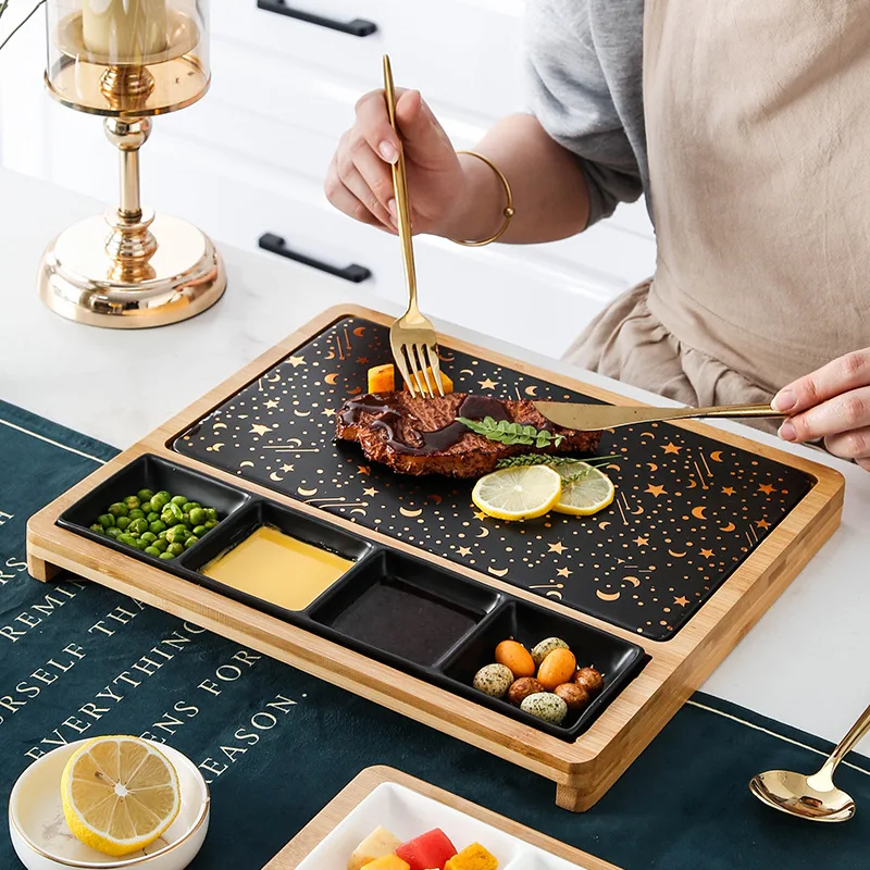 

Steak dinner plate with handle, wooden tray for home, wooden tableware, Western restaurant, online celebrity dinner plate.