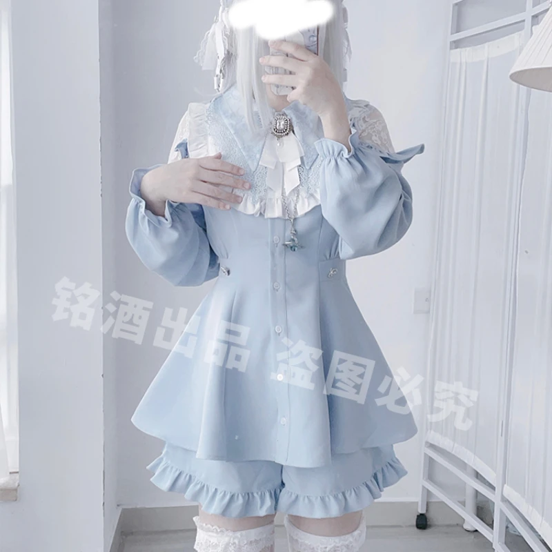 Japanese Mine Series SC Y2k Subculture Autumn Women's Lace Edge Long-sleeve Water Color Dress And Short Pants Set Lolita Clothes