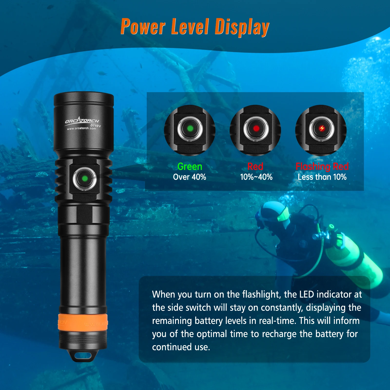 ORCATORCH D710V Powerful LED Diving Flashlight Video Torch Underwater Photography Lantern Professional Scuba Diving Torch Light