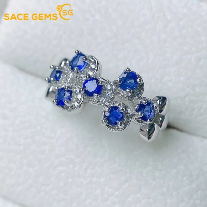 

SACE GEMS New 925 Sterling Silver Certified 3MM Natual Sapphire Rings for Women Engagement Cocktail Party Fine Jewelry Gift