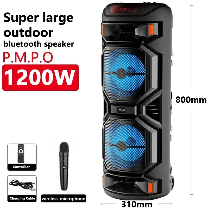 Altavoz Bluetooth súper grande para exteriores, potencia máxima de 1200W, Subwoofer de doble bocina de 8 pulgadas, columna inalámbrica portátil, sonido de graves con micrófono