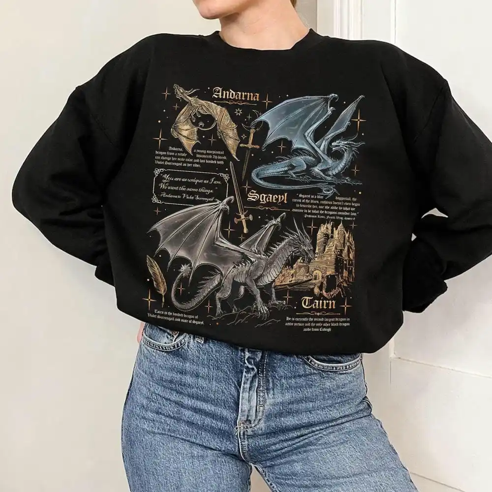 Women Retro Fourth Wing Dragon Basgiath War College Sweatshirt Gift for Book Lover Long Sleeve Fleece Sweatshirt Y2K Streetwear