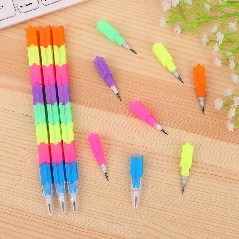 12Pcs Rainbow Stackable Block Pencils for Kids Birthday Party Favors Back To School Stationery Gift Pinata Fillers Goodie Bag