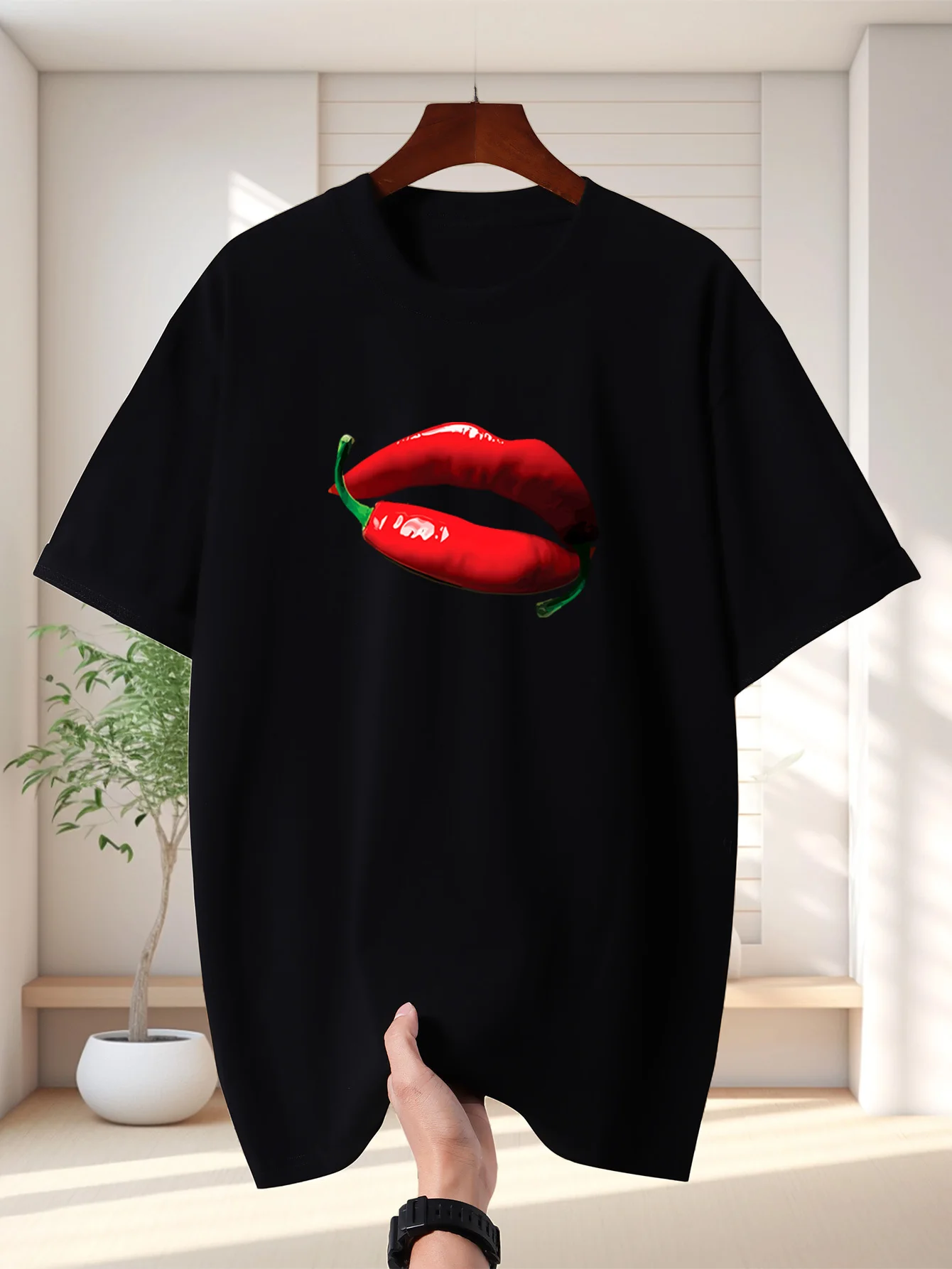 Red Lips And Chili Mens Crew Neck T Shirt Creative Fusion Graphic Short Sleeve Tee Unique Art Style Casual Male Street Tops