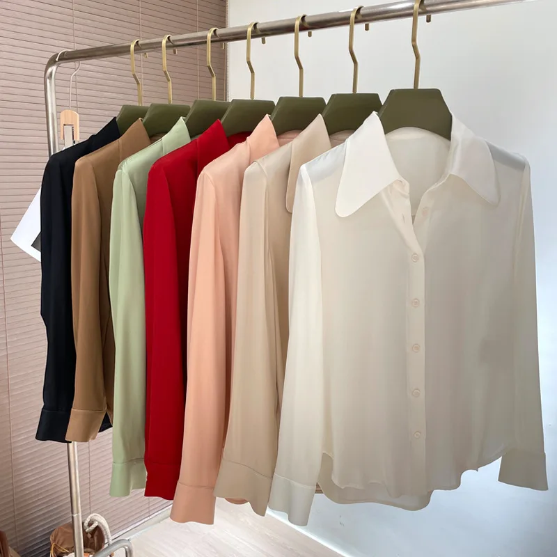

2022 New Design Spring Fall Women's Long Sleeved Pure Color Elegant Shirts High Quality Real Silk 90% Tops Blouses and Shirts