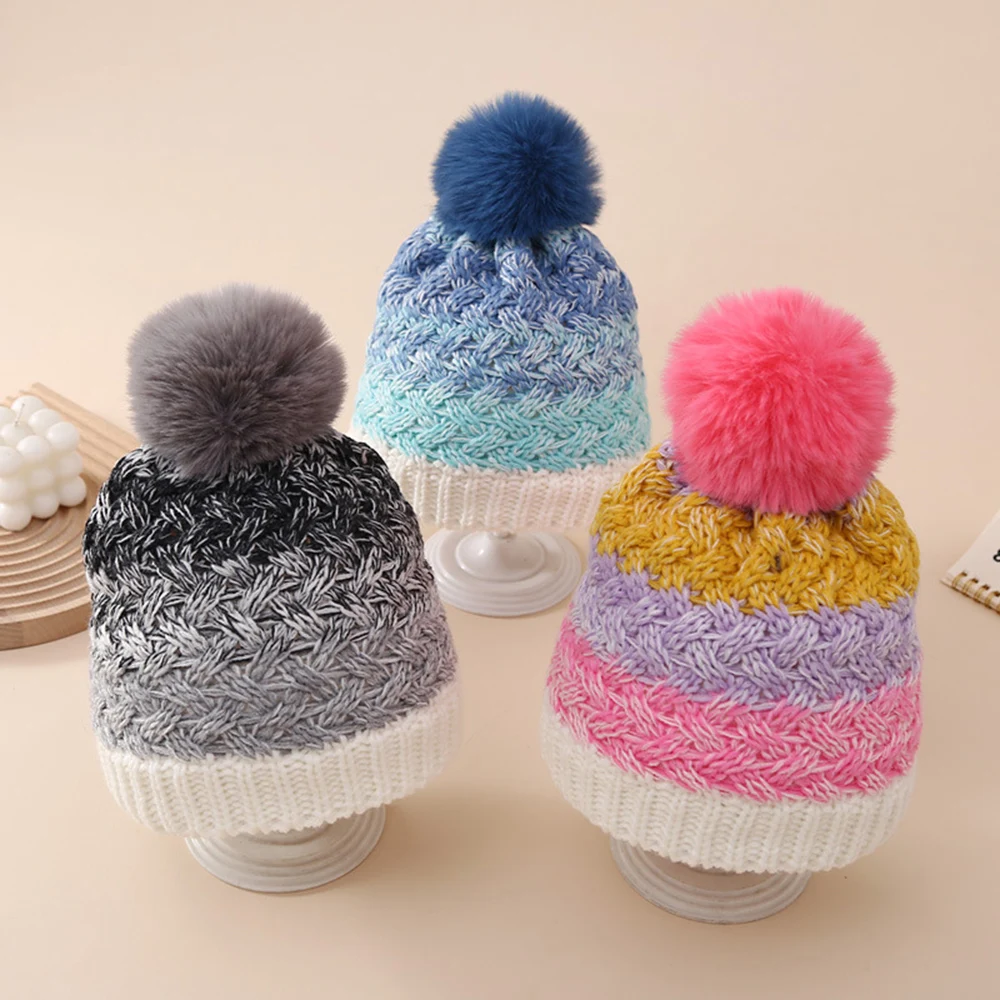 Winter Knitted Hat Children\'s Inner Velvet Color Matching Woolen Caps Boys Girls All Match Ear Protection Beanie Hats For Kids