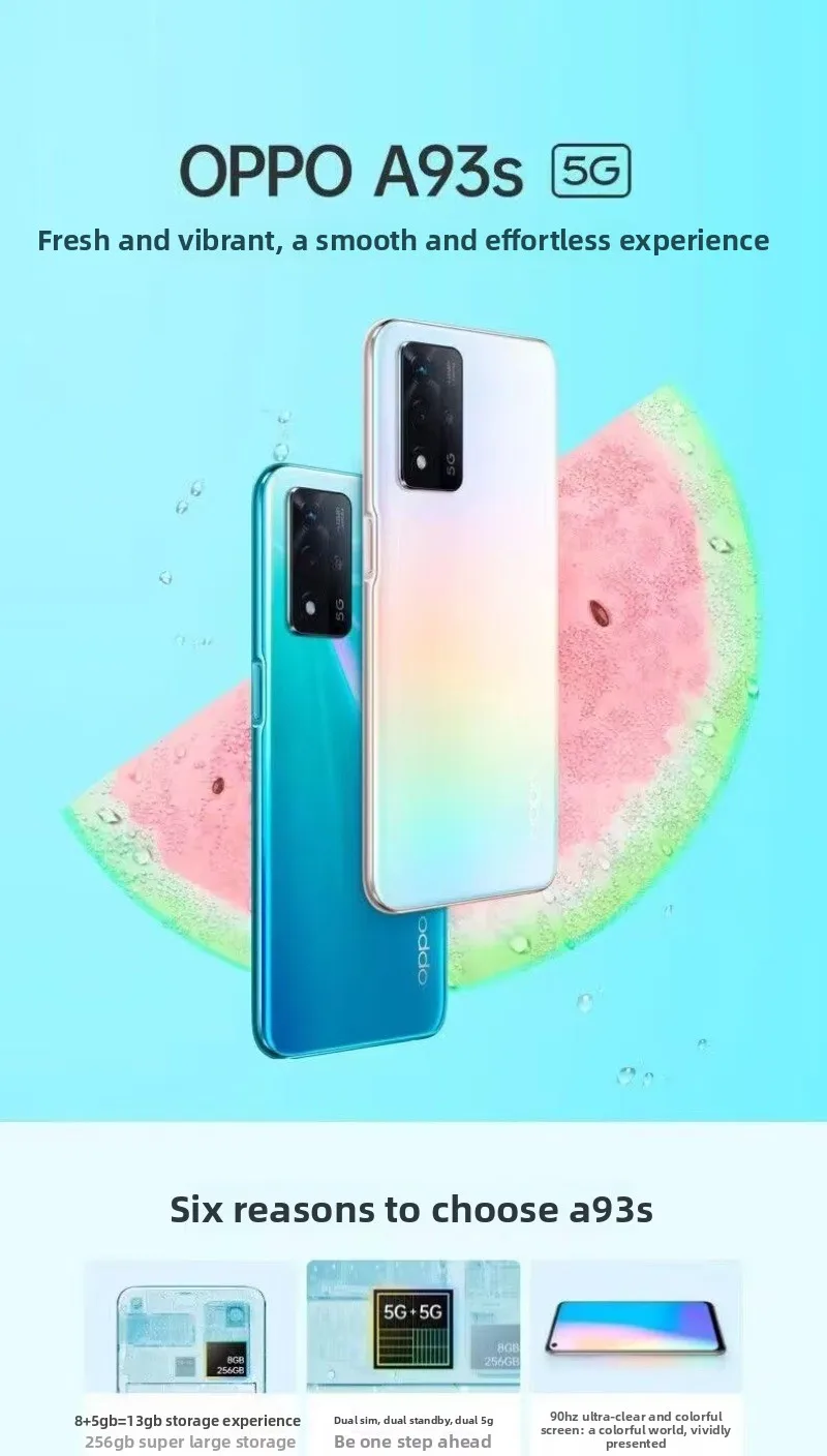 OPPO A93s débloqué 5G téléphone portable Dimensity 810 48MP AI caméra 5000mAh batterie 33W Charge rapide Android 11 Smartphone
