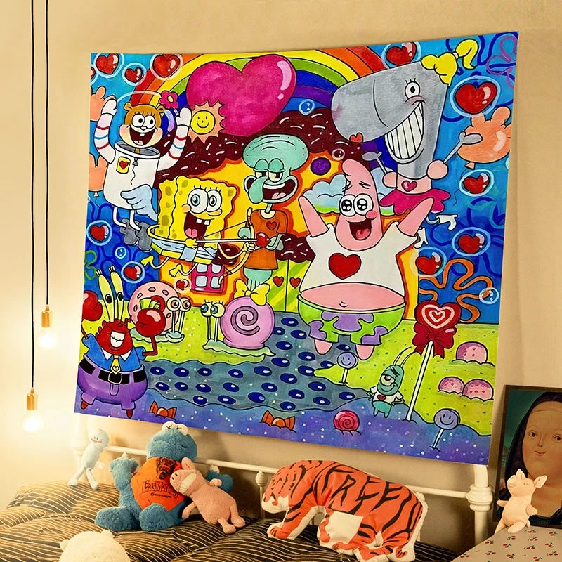 Cute  Octopus Brother SpongeBob SquarePants Cartoon Hanging Cloth Dormitory Bedroom Wall Decoration Creative Background  Funny