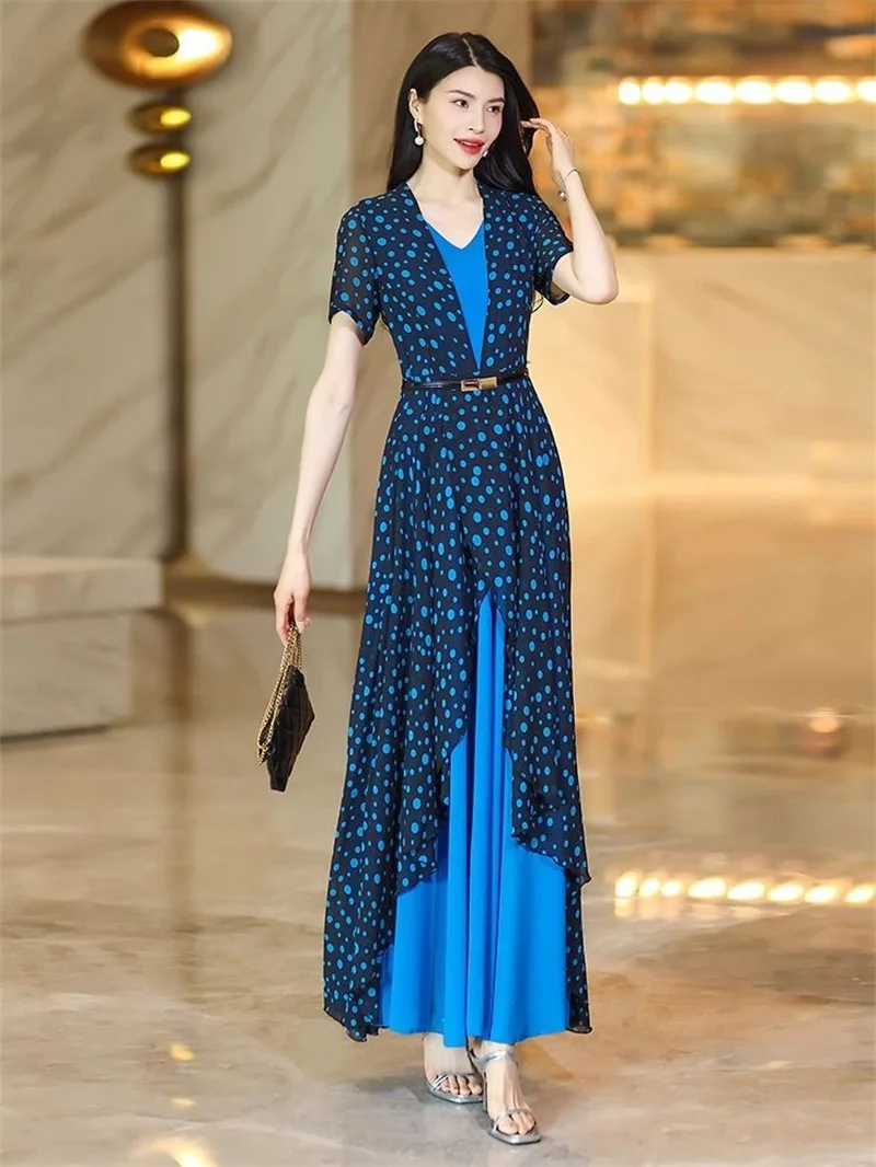 

2025 Early Summer Outfit Dress Lady Temperament Slim Skirt Female Summer High-end Fake Two-piece Floral Long Skirt