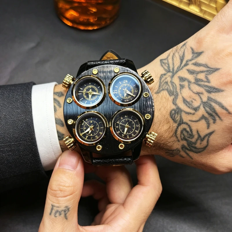 

Trendy Functional Punk Men's Sports Quartz Watch, Large Dial Multi-Time Zone Waterproof Men's Wristwatch, Stylish Black and Gold Color-Blocking Trendy Leather Strap Men's Watch, Cross-Border Hot-Selling Internet Celebrity Popular Men's Casual Wristwatch, 