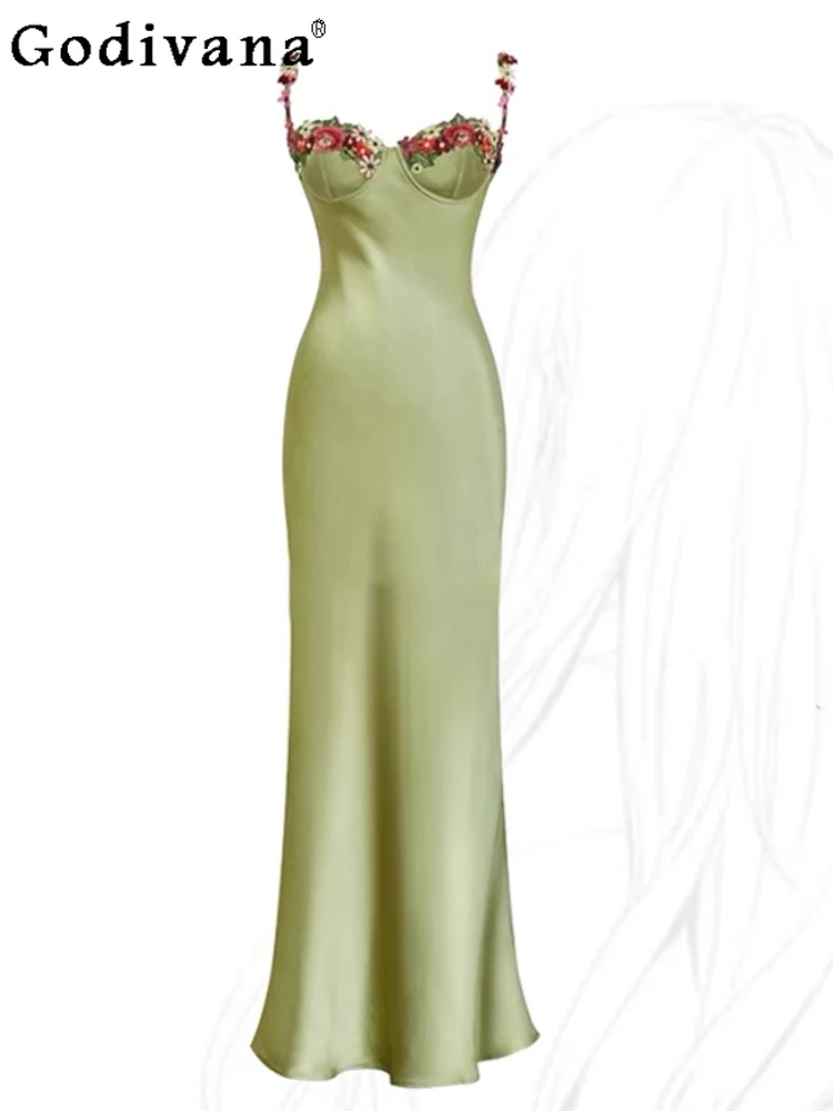 

L-4XL Large Size High Quality Green Embroidered Satin Long Korean Suspender Dress Women Spring Summer Vacation Sexy Dresses