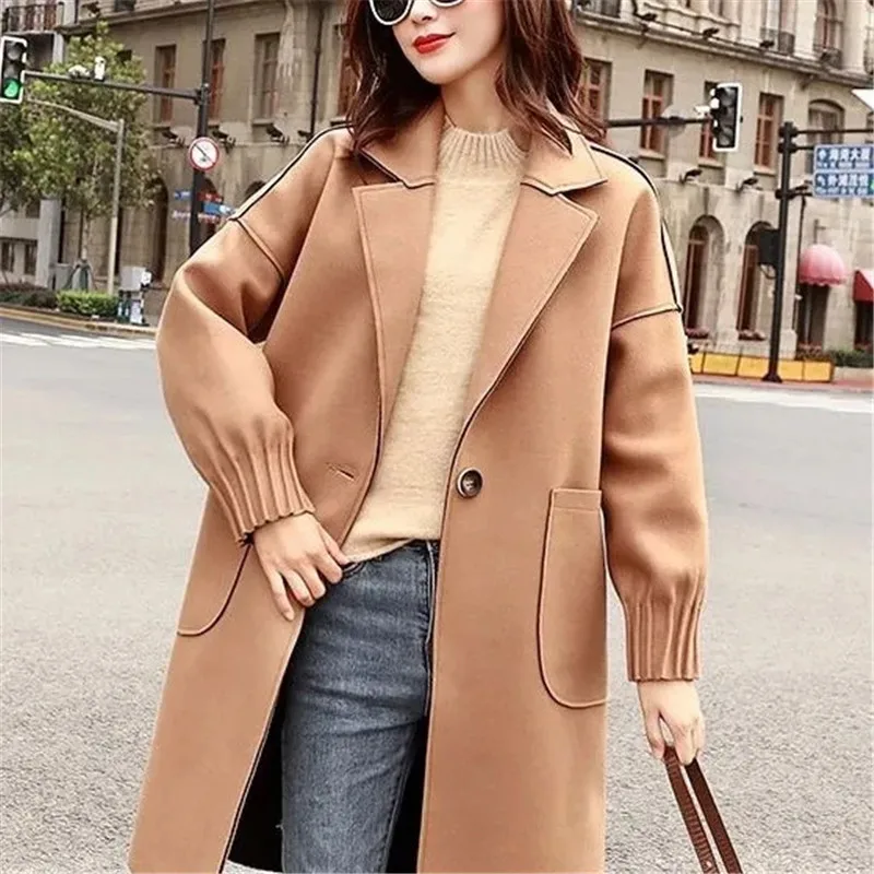 

Little Wool Coat Female 2023 New Long Autumn And Winter Korean Version Of Loose And Simple Commuter Slim Woolen Outerwear