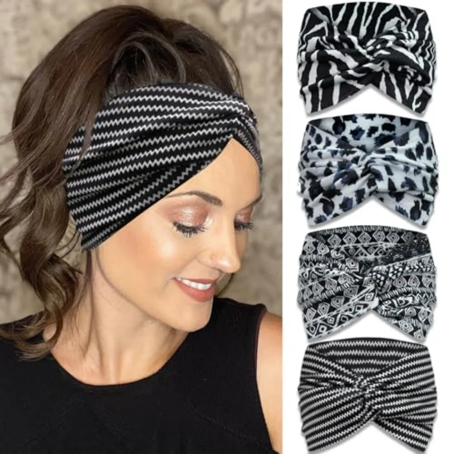 

Extra Wide Boho Headbands for Women Non-Slip, 7'' Large Twist Knotted Stretchy Wraps Head Bands Hair Accessories, 4 Pack, White
