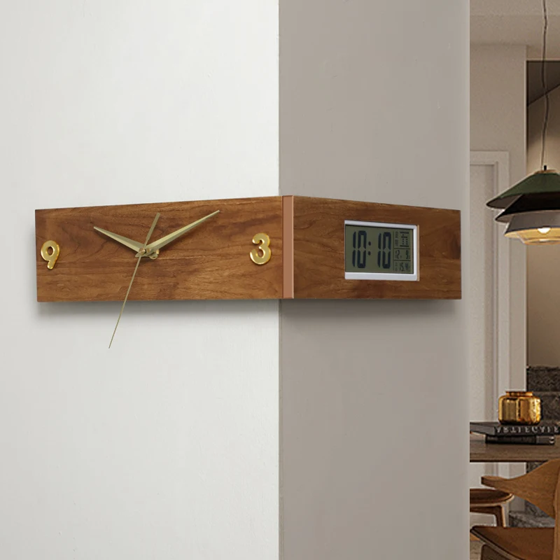 Retro living room corner double-sided wall clock walnut corner restaurant creative wall-mounted LCD