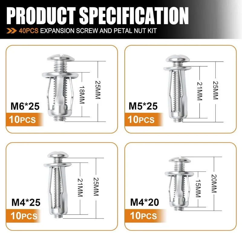 40 Pieces of Expansion Screws and Flower-Shaped Nut Set: M4, M5, M6, M8.