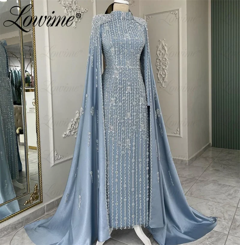 Elegant Full Beaded Blue Muslim Evening Dresses Dubai Design Arabic Formal Occasion Dresses 2024 Long Sleeve Plus Size Prom Gown