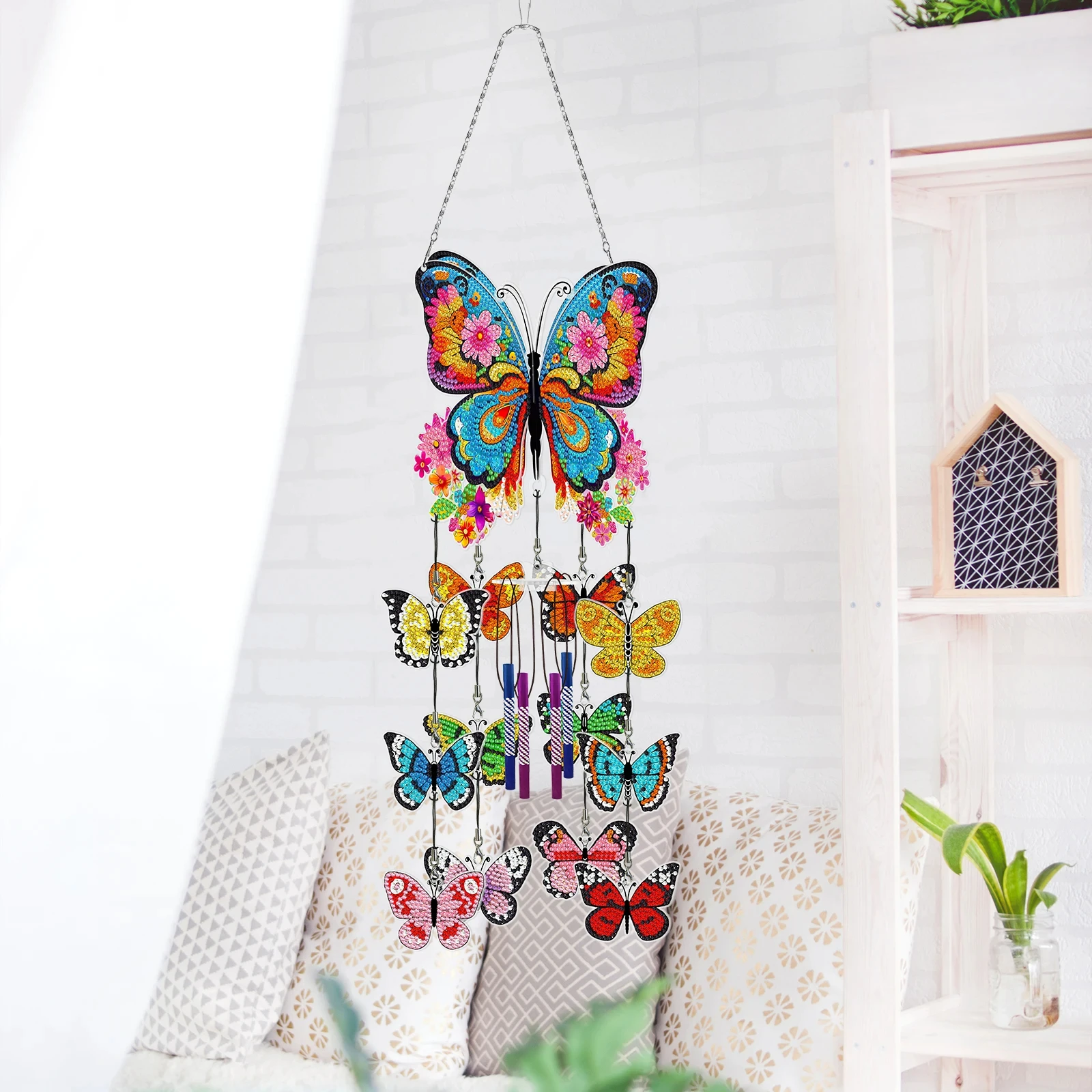 Dispaint 5D DIY Diamond Painting Double Side Wind Chime Butterfly Dot Pendant Embroidery Hanging Gift Window Pendant Home Decor