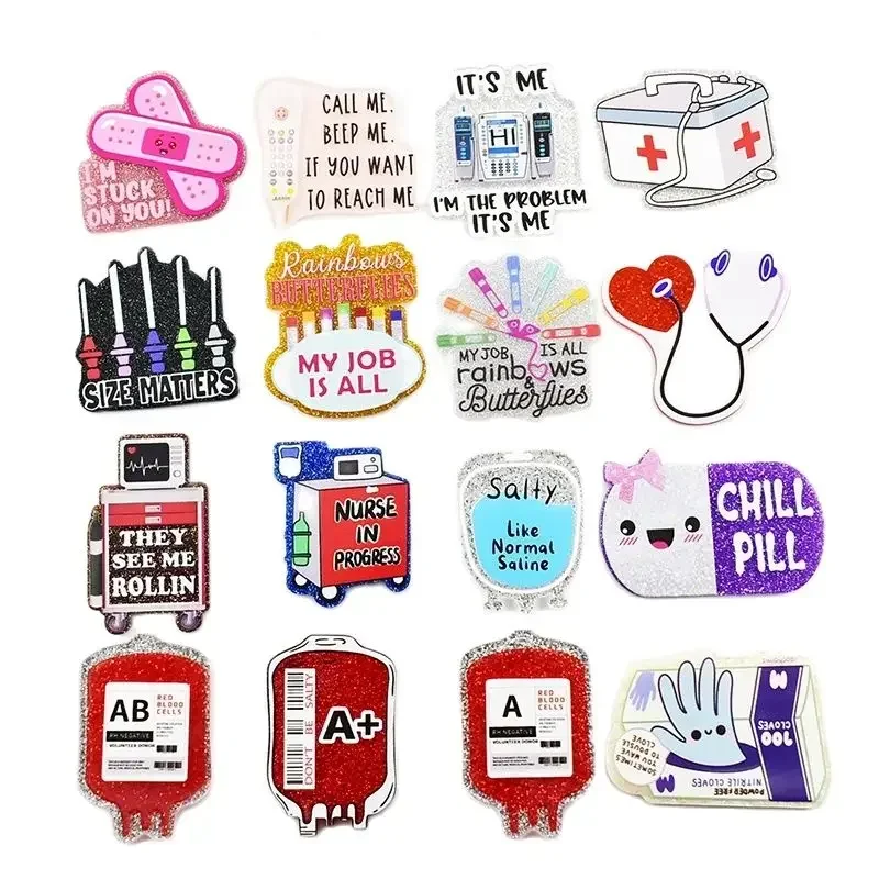 Medical Capsule Blood Bag Glitter Acrylic Charm Fit DIY ID Card Badge Holder Jewelry Making Hospital Gift 10PCS