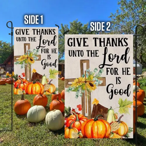 Fall Cross Sunflowers Pumpkins Give Thanks Unto The Garden Flag - House Flag