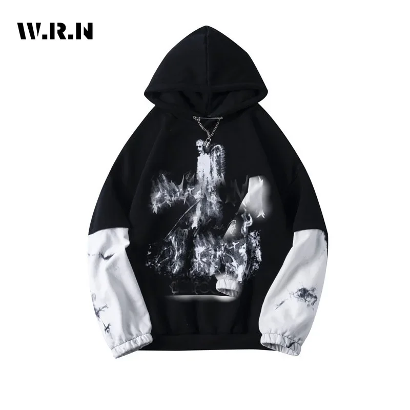 

2023 Winter Women Vintage Long Sleeve Print Grunge Sweatshirts American Retro Hooded Hip-Hop Female Fashion Loose Patchwork Top