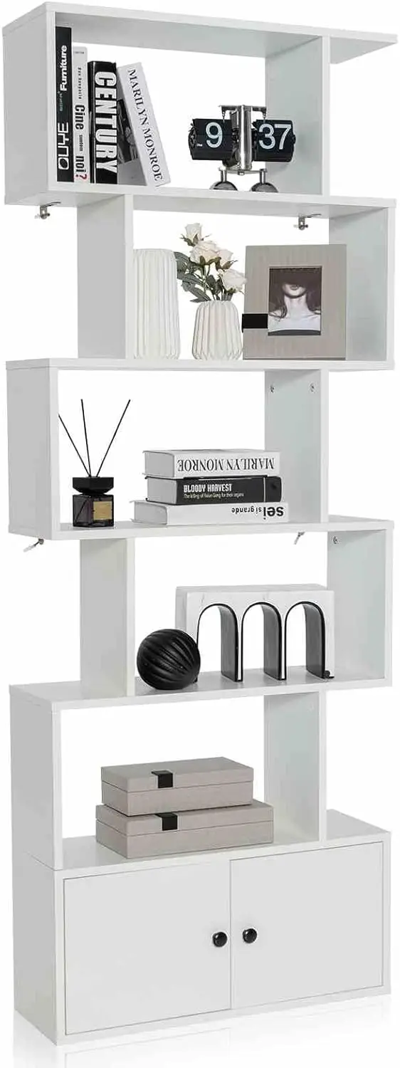 Geometric Bookcase with Doors, S-Shaped Z-Shelf Bookshelf with Anti-toppling Devices, Cabinet with Doors, Freestanding Display S
